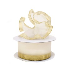 1.5 Inch White Organza Pull Bow Ribbon With 4 Rows of Gold Stripe Accents, 25 Yards (Lot of 1 Spool) SALE ITEM